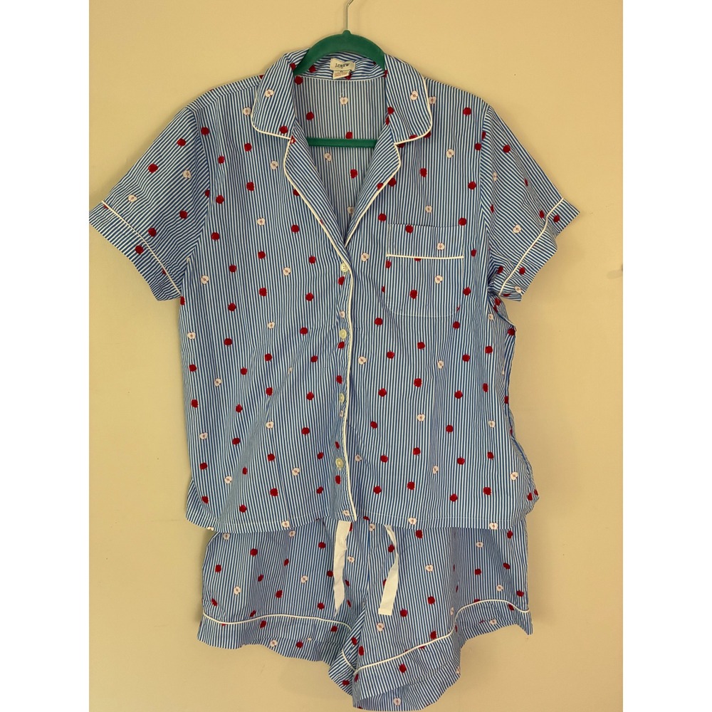 J.Crew Pajama Set Womens XL Blue White Striped Red Apple Print Short Sleeve PJs